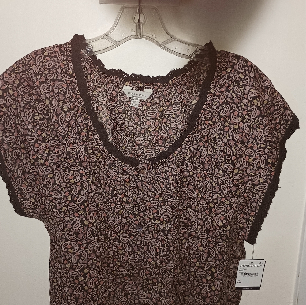 NWT women's lucky brand shirt sleeve paisley blouse top XL